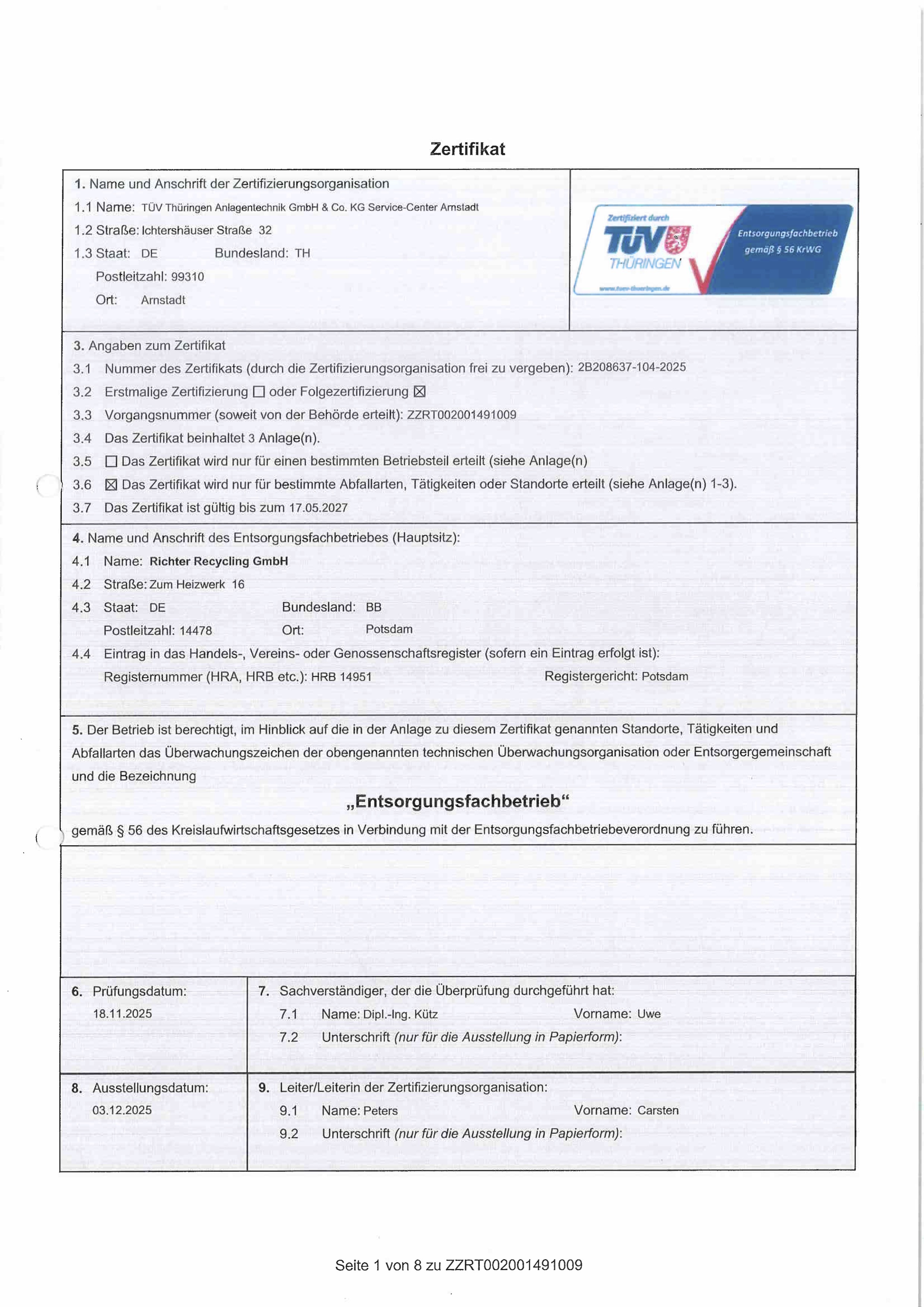Zertifikat gemäß EfbV