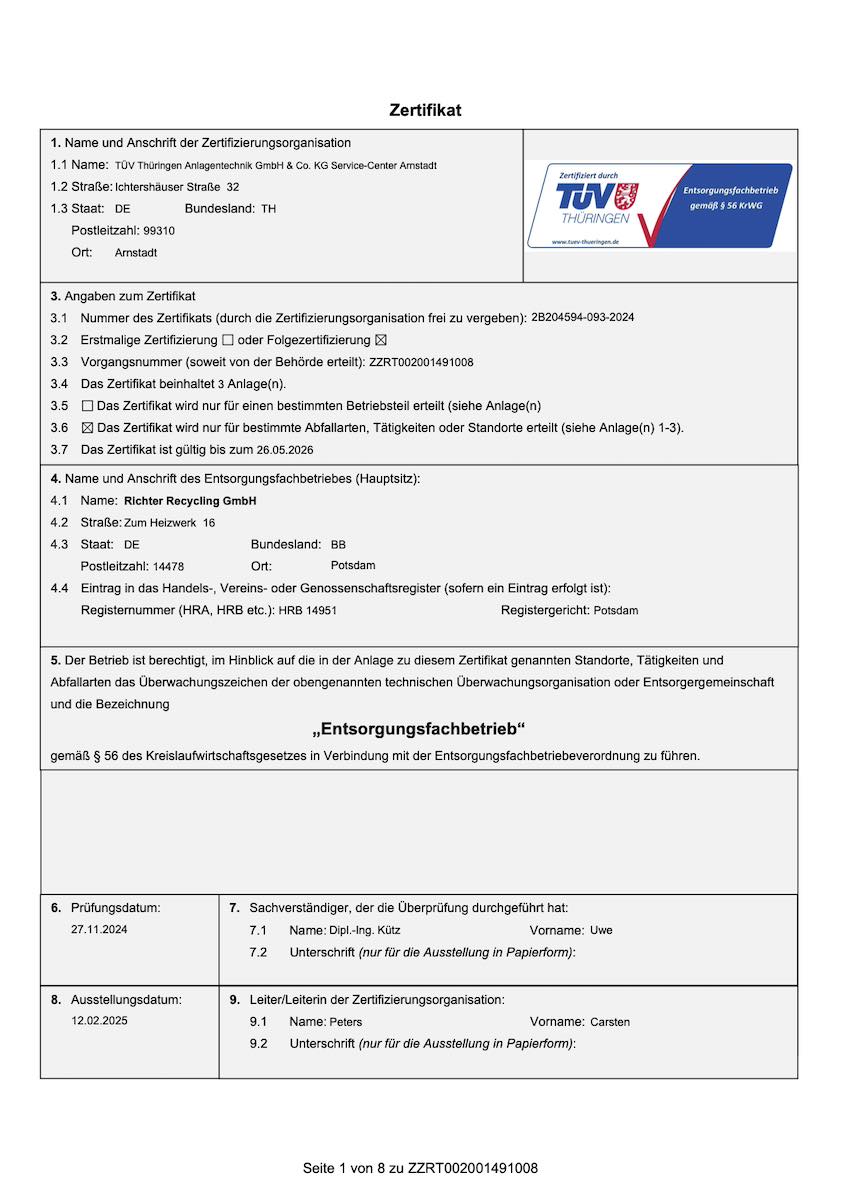 Zertifikat für das Managementsystem
