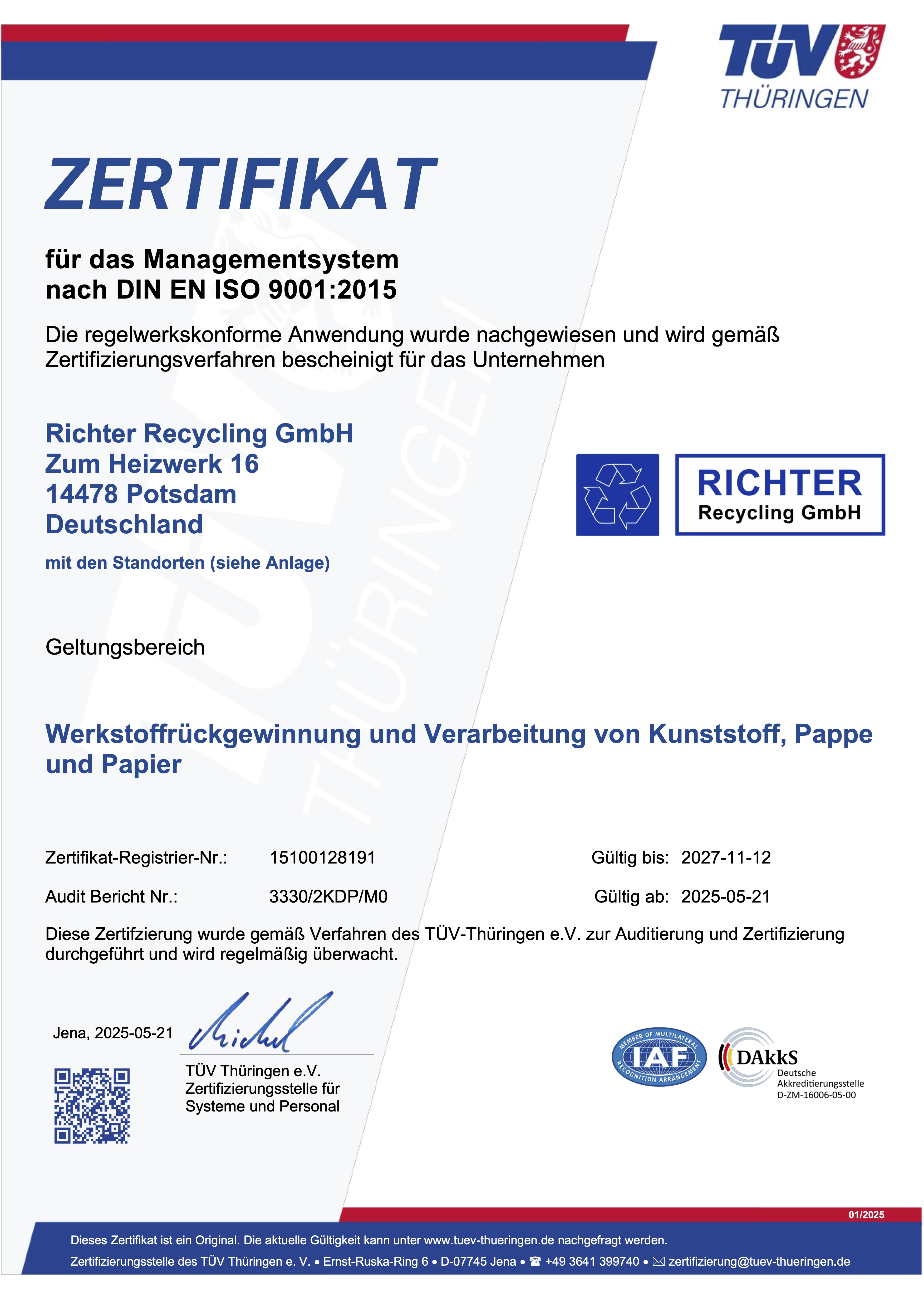 Zertifikat für das Managementsystem